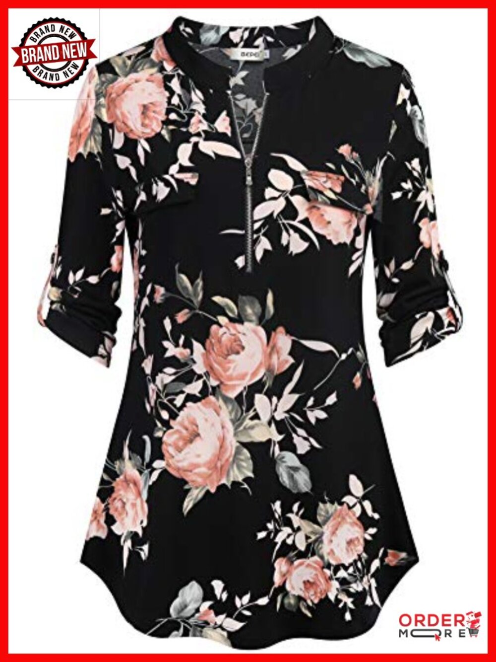 Women's Floral 3/4 Sleeve Zip Up V Neck Blouse Tunics